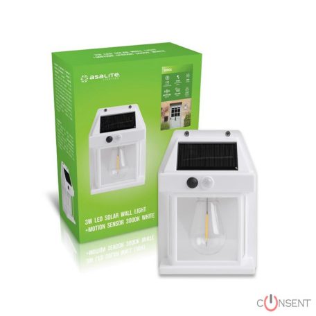 Kép1: Asalite Napelemes Kültéri Lámpa IP44 3W 3000K (100 lumen) Fehér + PIR Szenzor